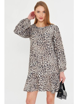 Armonika Kadın Bej Yuvarlak Yaka Eteği Volanlı Kolları Büzgülü Mini Elbise ARM-25K001093