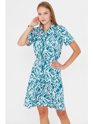 Armonika Kadın Zümrüt Beli Lastikli Desenli Kısa Kol Gömlek Elbise ARM-23Y001079