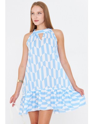 Armonika Kadın Mavi Boyundan Bağlamalı Etek Ucu Fırfırlı Mini Elbise ARM-25Y001097