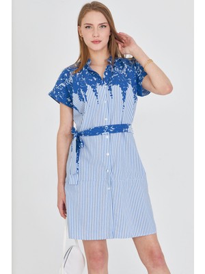 Armonika Kadın Mavi Hakim Yaka Kısa Kollu Beli Kuşaklı Gömlek Elbise ARM-25Y001054