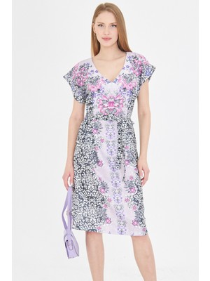 Armonika Kadın Lila Ön Arka V Yaka Kuşaklı Desenli Elbise ARM-25Y001018
