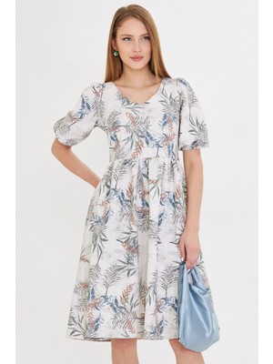 Armonika Kadın Krem U Yaka Kolları Lastikli Beli Büzgülü Midi Boy Elbise ARM-25Y001003