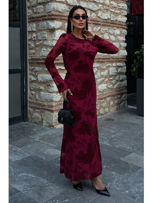 Lijuri Kadife Baskılı Sırt Dekolteli Astarlı Elbise 2825 R10-C-K4