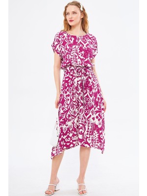 Armonika Kadın Mor Beli Lastikli Bağlamalı Desenli Elbise ARM-22Y001044