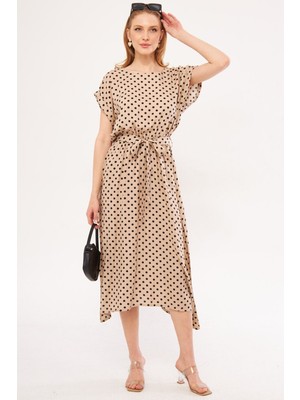 Armonika Kadın Bej Puanlı Beli Lastikli Bağlamalı Elbise ARM-21K001159