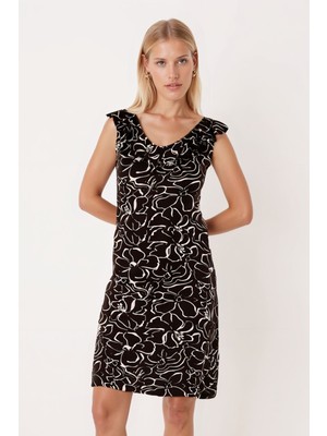 Armonika Kadın Siyah V Yaka Yakası Fırfırlı Kolsuz Elbise ARM-25Y001098