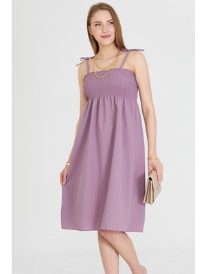 Armonika Kadın Lila Askıları Bağcıklı Göğsü Gipe Lastikli Mini Elbise ARM-25Y001047
