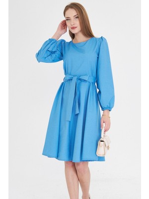 Armonika Kadın Buzmavi Sıfır Yaka Arkası Fermuarlı Kuşaklı Uzun Kol Kloş Midi Boy Elbise ARM-25Y001008