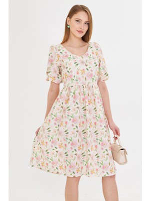 Armonika Kadın Pembe U Yaka Kolları Lastikli Beli Büzgülü Midi Boy Elbise ARM-25Y001003