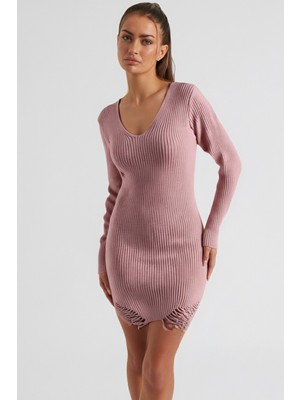 Armonika Kadın Pudra V Yaka Etek Ucu Yırtıklı Triko Elbise ARM-26K136008