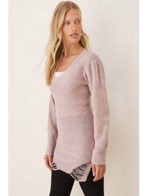 Armonika Kadın Taş V Yaka Etek Ucu Yırtıklı Triko Elbise ARM-26K136008