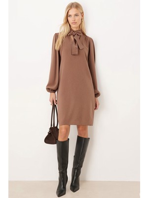 Armonika Kadın Vizon Yakası Bağlamalı Kolları Lastikli Kadife Elbise ARM-25K001087