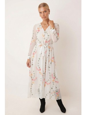 Armonika Kadın Beyaz V Yaka Kemerli Astarlı Şifon Midi Boy Elbise ARM-26K001042