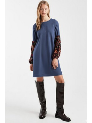 Armonika Kadın Koyu Mavi Desenli Balon Kol Elbise ARM-26K001051