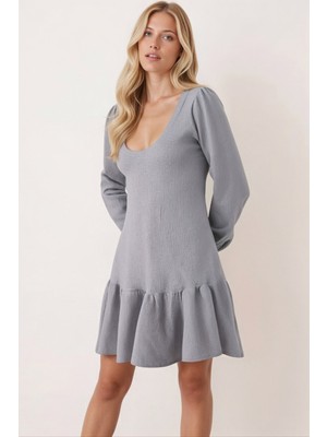 Armonika Kadın Gri U Yaka Uzun Kollu Etek Ucu Fırfırlı Likralı Elbise ARM-26K001012