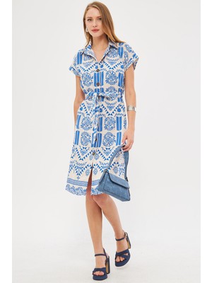 Armonika Kadın Mavi Desenli Keten Görünümlü Beli Kemerli Kısa Kol Gömlek Elbise ARM-24Y001108