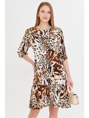 Armonika Kadın Bej Sıfır Yaka Çeyrek Kol Eteği Volanlı Elbise ARM-25Y001007