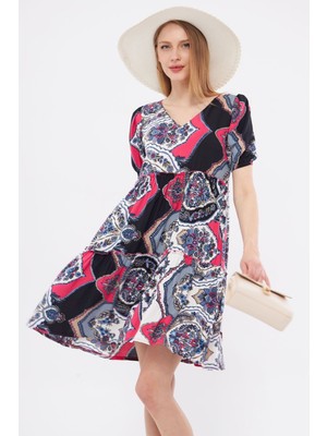 Armonika Kadın Pembe V Yaka Kısa Kol Desenli Fırfırlı Elbise ARM-24Y001014
