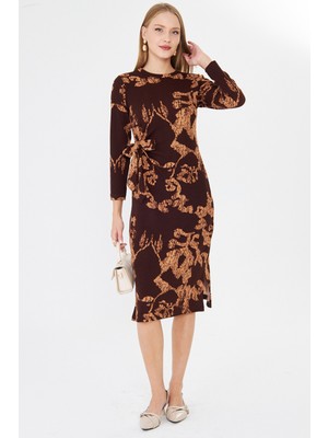 Armonika Kadın Kahve-Bej Sıfır Yaka Yandan Bağlamalı Vücuda Oturan Midi Boy Likralı Elbise ARM-26K001001