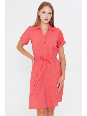 Armonika Kadın Nar Çiçeği Beli Lastikli Kısa Kol Gömlek Elbise ARM-23Y001035