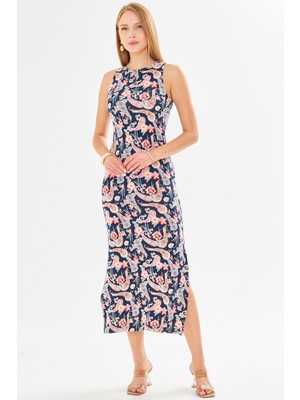 Armonika Kadın Laci-Yeşil Sıfır Yaka Kolsuz Yırtmaçlı Uzun Elbise ARM-23Y001090