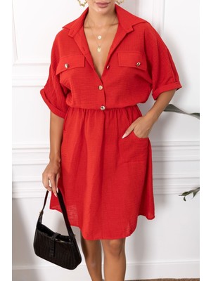 Armonika Kadın Kırmızı Yarasa Kol Cepli Beli Lastikli Elbise ARM-23Y001076