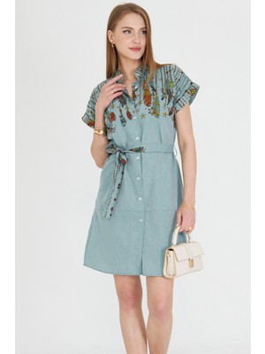 Armonika Kadın Mint Hakim Yaka Kısa Kollu Beli Kuşaklı Gömlek Elbise ARM-25Y001054