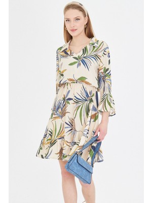 Armonika Kadın Krem V Yaka Kolları Volanlı Beli Lastikli Elbise ARM-25Y001020