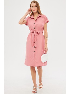 Armonika Kadın Pembe Beli Kemerli Kısa Kol Gömlek Elbise ARM-19Y001068