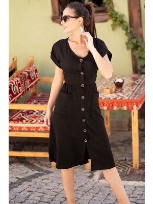 Armonika Kadın Siyah Cepli Önü Düğmeli Elbise ARM-19Y001105
