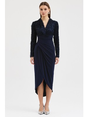 Lijuri Kruvaze Yaka Payet Detaylı Midi Elbise 2950 R2-I-K3