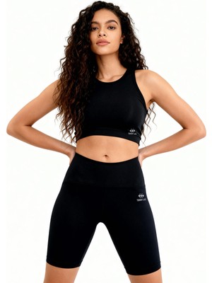 Tommy Life Siyah Yüksek Bel Toparlayıcı Dar Kalıp Crop Biker Kadın Tayt Takım - 95302