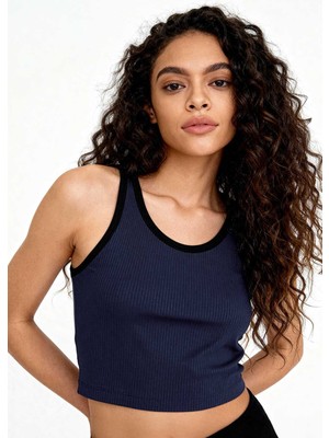 Tommy Life İndigo Basic Sıfır Kol Dar Kalıp U Yaka Kadın Crop Top Atlet - 97160