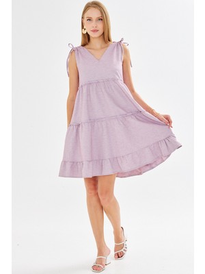 Armonika Kadın Bordo V Yaka Fırfırlı Kolsuz Omzu Bağlamalı Elbise ARM-25Y001061