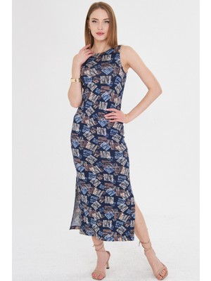 Armonika Kadın Mavi Sıfır Yaka Kolsuz Yırtmaçlı Uzun Elbise ARM-23Y001090