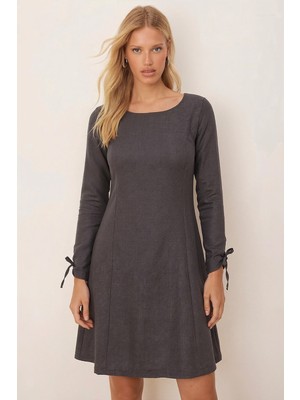 Armonika Kadın Füme Sıfır Yaka Kolları Büzgülü Kulplu Uzun Kol Elbise ARM-26K001033