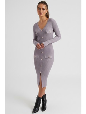 Armonika Kadın Gri V Yaka Önü Yırtmaçlı Düğme Detaylı Triko Elbise ARM-26K136074