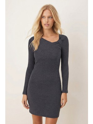 Armonika Kadın Füme Asimetrik Yaka Uzun Kollu Elbise ARM-26K001069