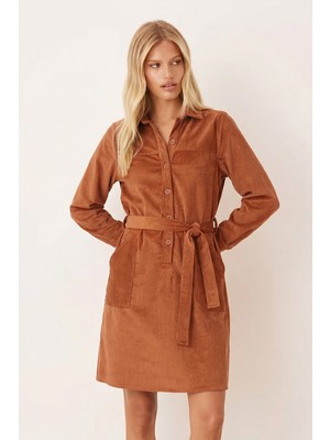 Armonika Kadın Taba Önden Düğmeli Cepli Kuşaklı Kadife Elbise ARM-25K001085