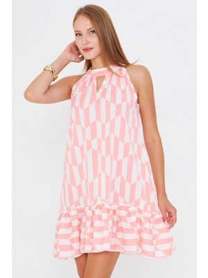 Armonika Kadın Pembe Boyundan Bağlamalı Etek Ucu Fırfırlı Mini Elbise ARM-25Y001097