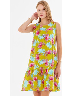 Armonika Kadın Turkuaz-Pembe Desenli Kolsuz Eteği Fırfırlı Elbise ARM-22K001142