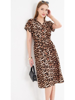 Armonika Kadın Kahve Desenli Beli Kemerli Kısa Kol Gömlek Elbise ARM-22Y001007
