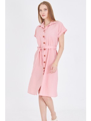 Armonika Kadın Pudra Beli Kemerli Kısa Kol Gömlek Elbise ARM-25Y001065