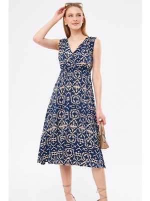 Armonika Kadın Lacivert Desenli Beli Omzu Lastikli Kruvaze Yaka Midi Boy Eteği Elbise ARM-24Y001052