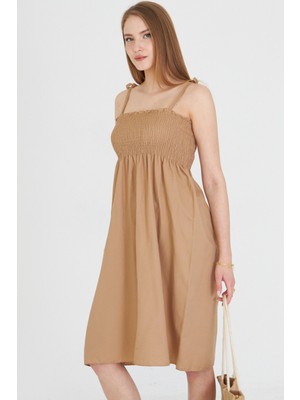 Armonika Kadın Vizon Askıları Bağcıklı Göğsü Gipe Lastikli Mini Elbise ARM-25Y001047