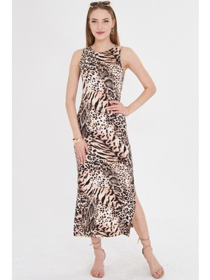 Armonika Kadın Siyah-Bej Sıfır Yaka Kolsuz Yırtmaçlı Uzun Elbise ARM-23Y001090