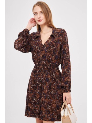 Armonika Kadın Kahve Gömlek Yaka Detaylı Beli Kolu Lastikli Kloş Elbise ARM-25K001043