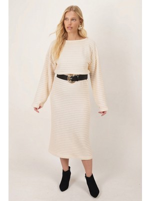 Armonika Kadın Ekru Uzun Kollu Yumuşak Dokulu Salaş Elbise ARM-26K001078