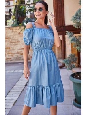 Armonika Kadın Indigo Beli Lastikli Askılı Elbise ARM-21K001214