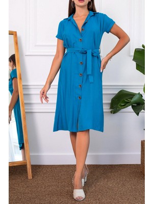 Armonika Kadın Petrol Beli Kemerli Kısa Kol Gömlek Elbise ARM-19Y001068